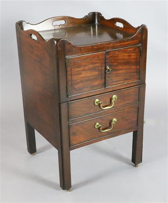 A George III ebony strung mahogany tray top commode, W.1ft 7in. D.1ft 6in. H.2ft 6in.